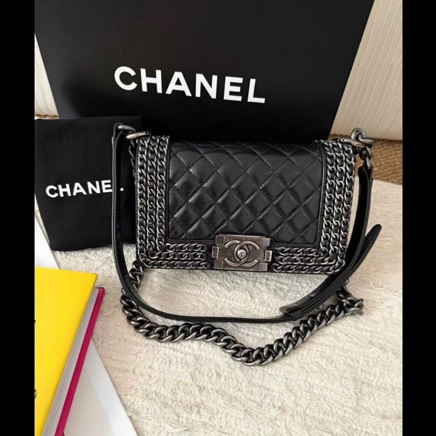 CHANEL 黑銀油蠟皮滾邊皮穿鏈Leboy中號 20cm-2