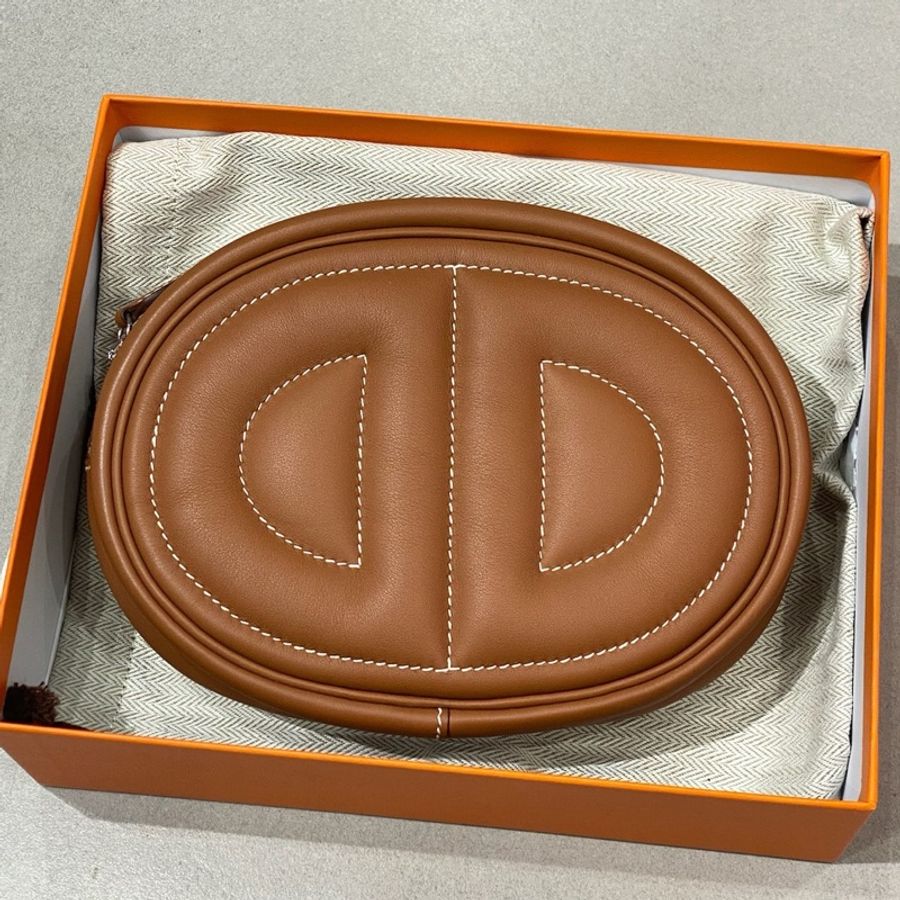 99新 愛馬仕 Hermes Loop豬鼻子腰包 金棕銀扣swift z刻-5