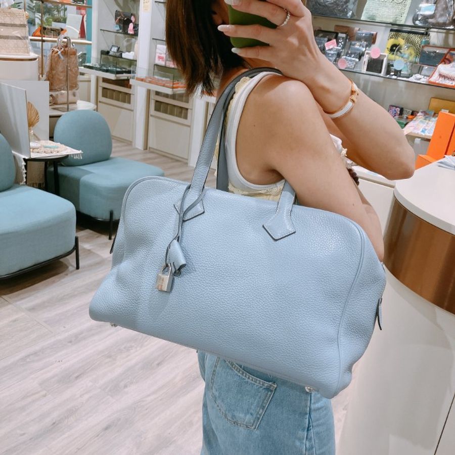 TK2103 愛馬任 容量大 手提袋 Hermes Victoria 35 Bleu Lin J7 HandBag #Stamp Square Q-1