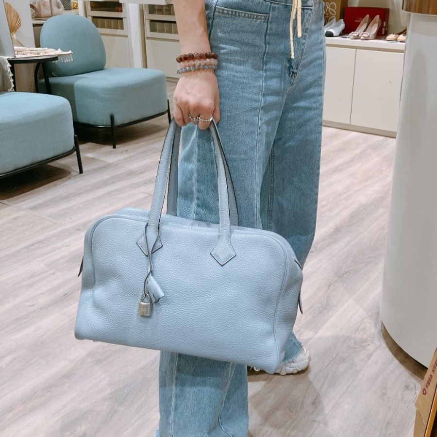 TK2103 愛馬任 容量大 手提袋 Hermes Victoria 35 Bleu Lin J7 HandBag #Stamp Square Q-2