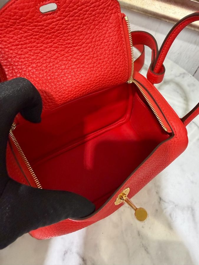 Hermes S5番茄紅T/C皮Mini Lindy金釦手提肩斜背包H079086CCS5-5