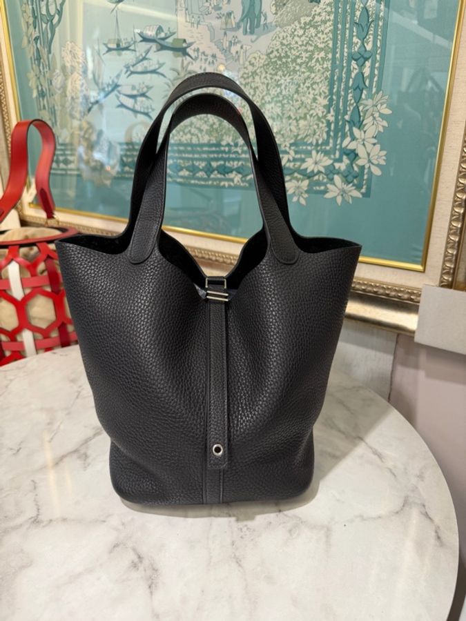 Hermes 89黑 T/C皮Picotin22銀釦手提包H060991-0