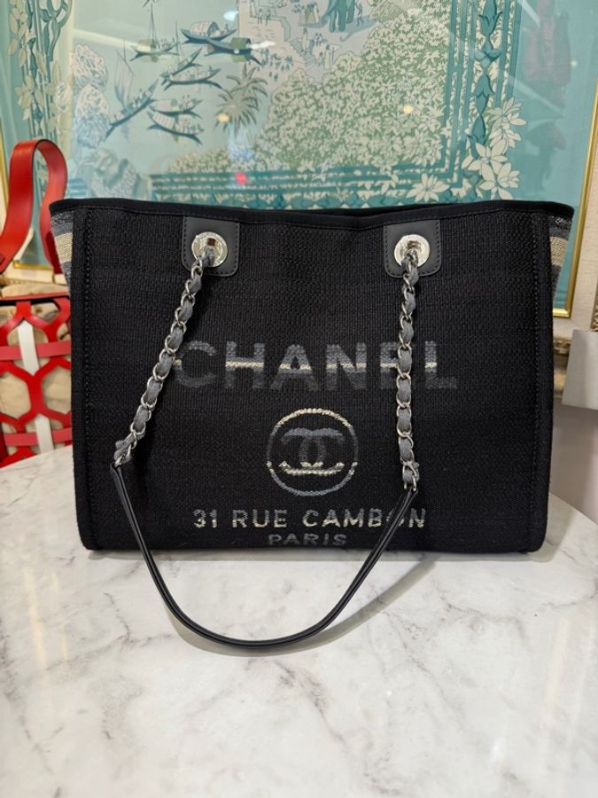 Chanel 黑帆布藍白條紋Deauville銀釦手提肩背沙灘包A67001-0
