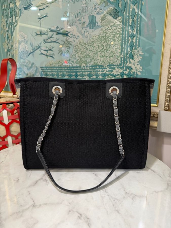 Chanel 黑帆布藍白條紋Deauville銀釦手提肩背沙灘包A67001-1
