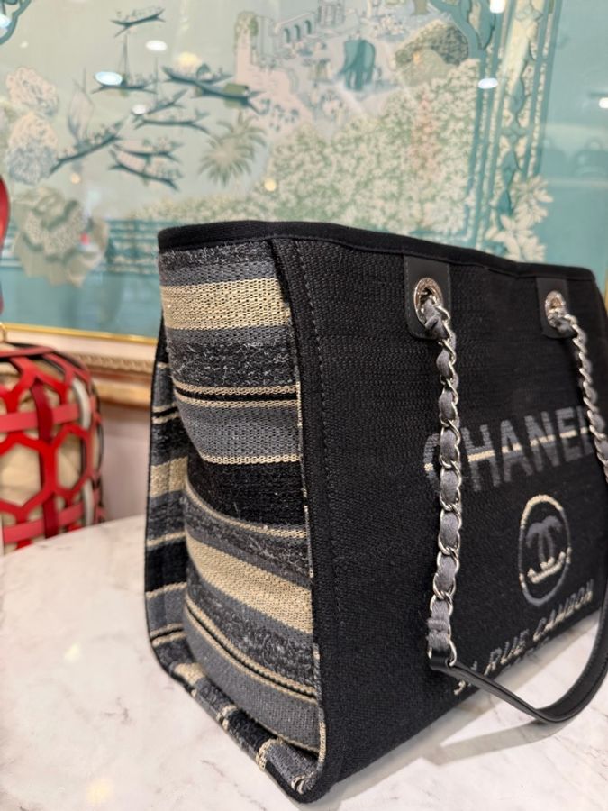 Chanel 黑帆布藍白條紋Deauville銀釦手提肩背沙灘包A67001-4