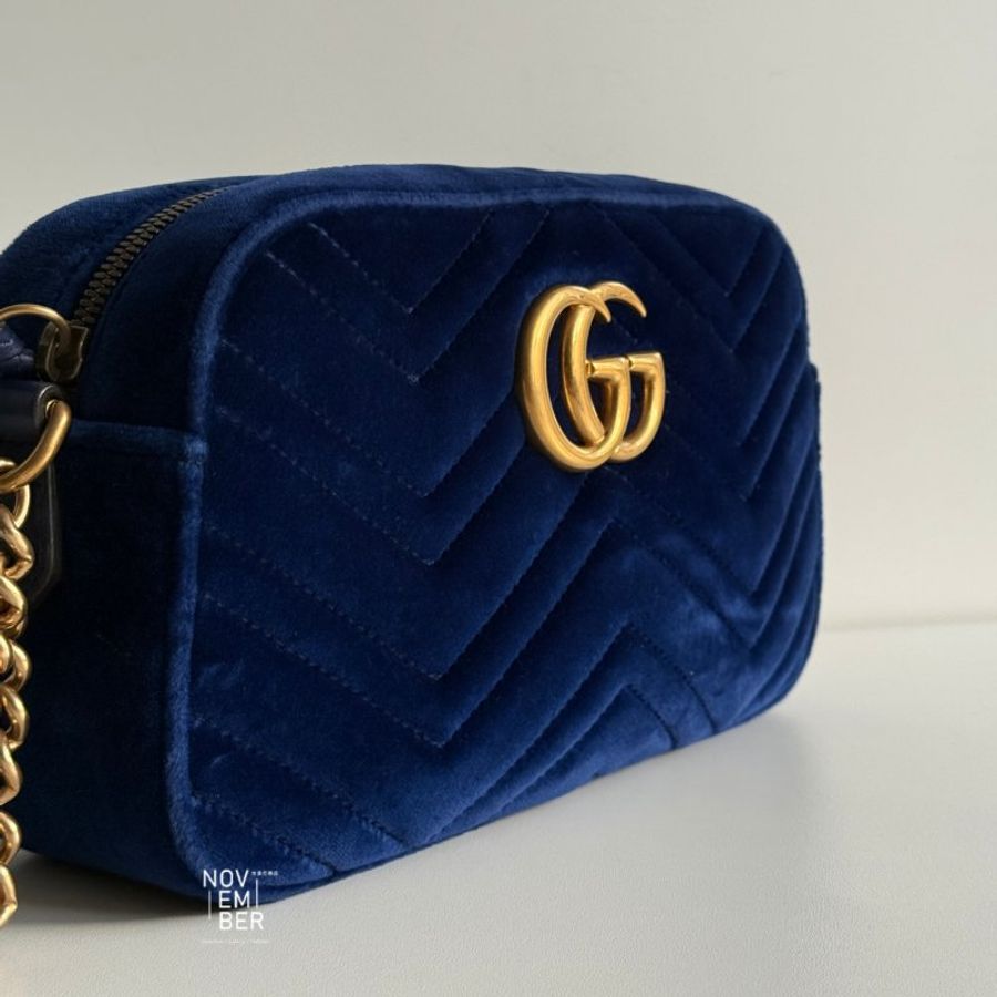 98新🆕 Gucci 古馳 GG Marmont 相機包 寶藍色絨布金釦-2