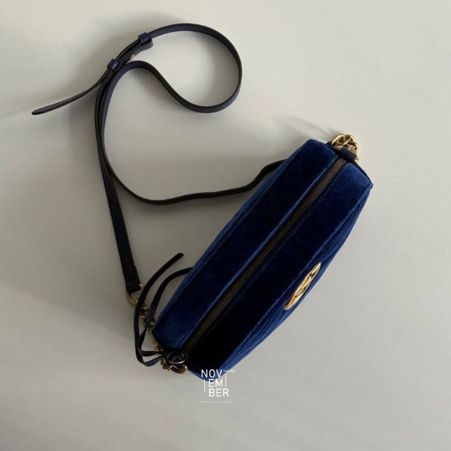 98新🆕 Gucci 古馳 GG Marmont 相機包 寶藍色絨布金釦-3