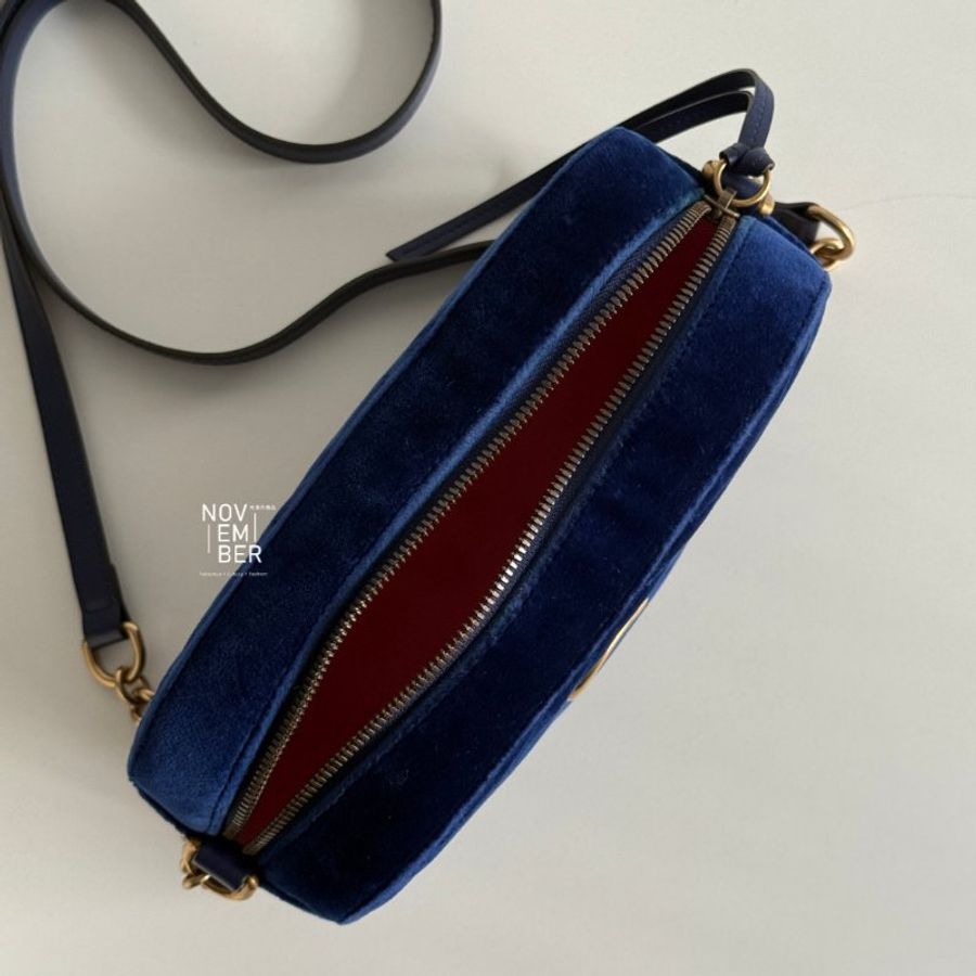 98新🆕 Gucci 古馳 GG Marmont 相機包 寶藍色絨布金釦-4