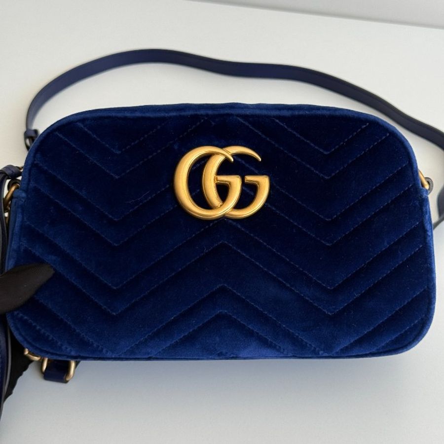 98新🆕 Gucci 古馳 GG Marmont 相機包 寶藍色絨布金釦-6