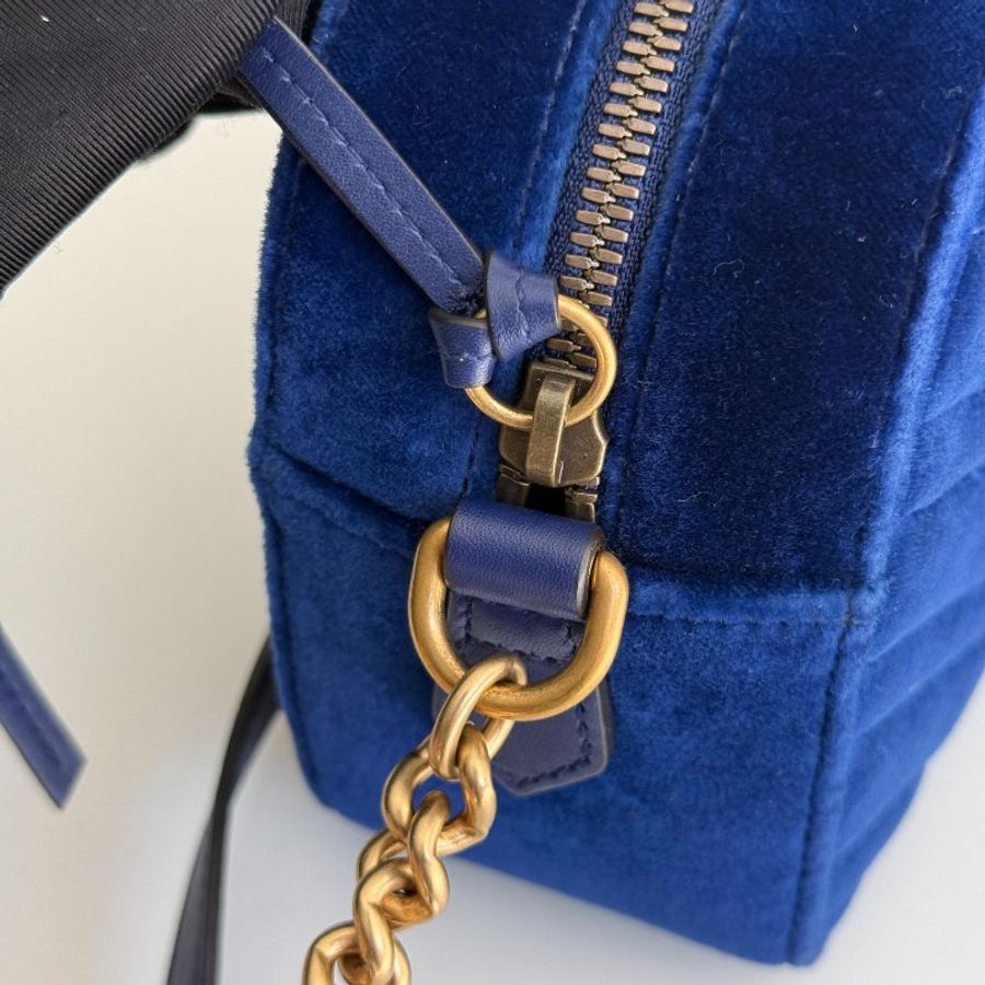 98新🆕 Gucci 古馳 GG Marmont 相機包 寶藍色絨布金釦-13