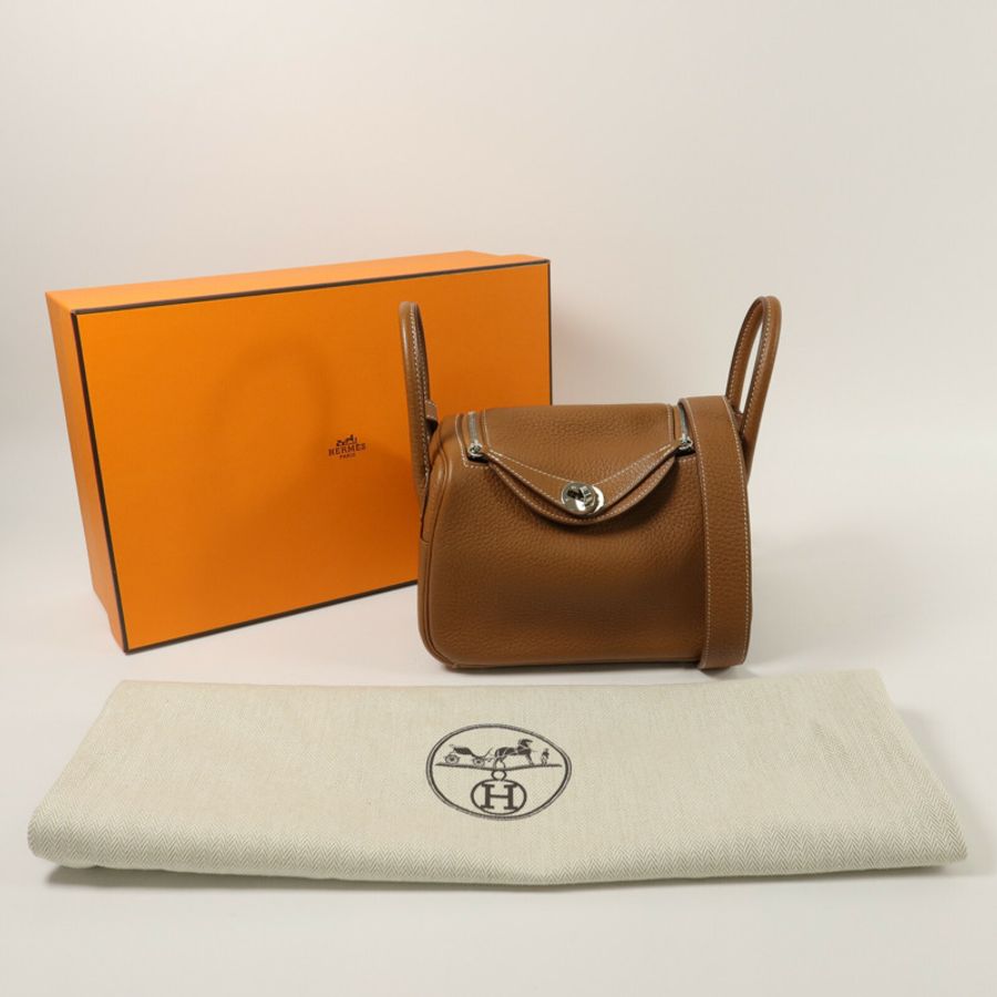 HERMES Clemence皮革Mini Lindy手挽肩背兩用袋Gold-14