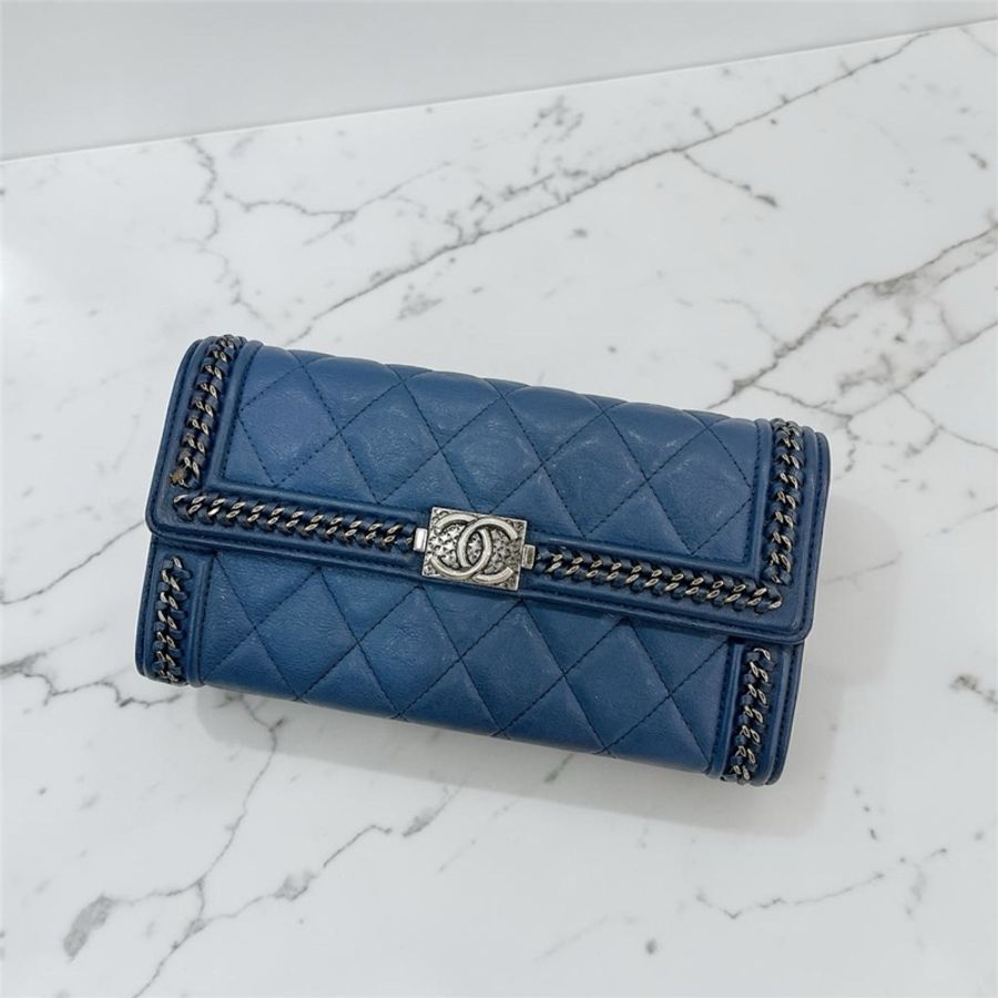 莉亞精品♡ Chanel A80287 藍色復古銀扣長夾 二手美包-0