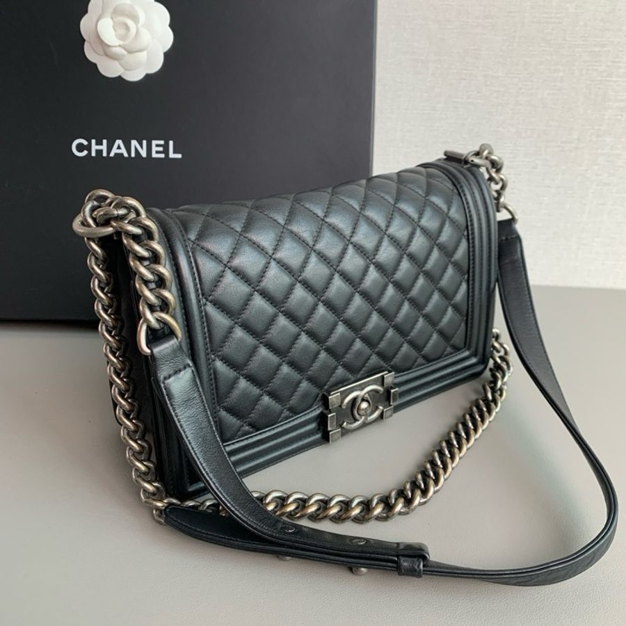 Chanel香奈兒🖤 Leboy 黑銀牛皮中號鏈條包💕-4