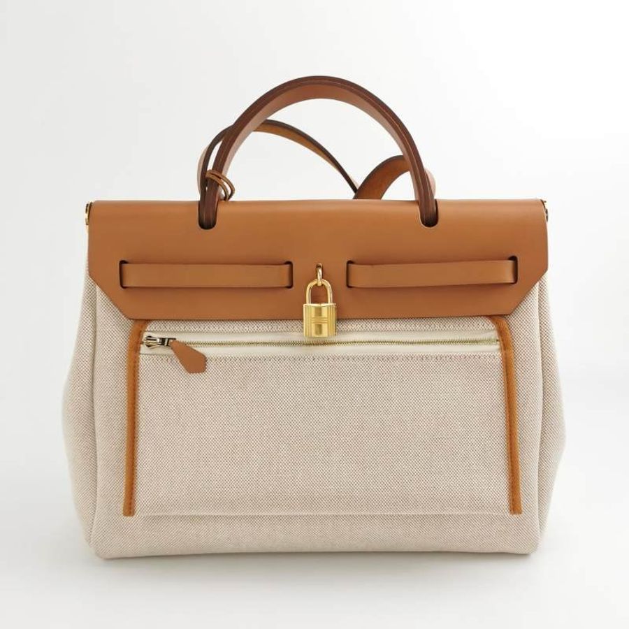 Hermes Herbag31馬鞍釘鎖扣斜挎單肩包Hunter牛皮帆布金扣棕色淺米色黃色B刻-4