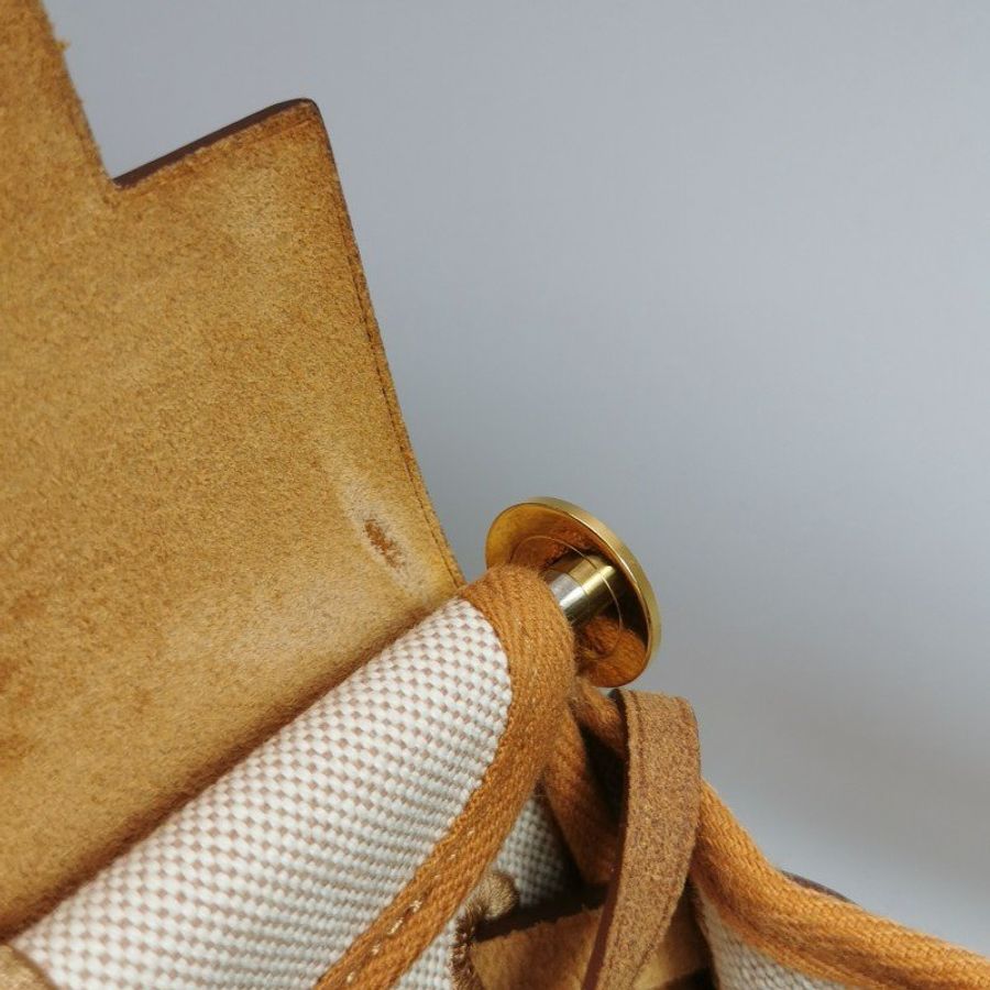 Hermes Herbag31馬鞍釘鎖扣斜挎單肩包Hunter牛皮帆布金扣棕色淺米色黃色B刻-10