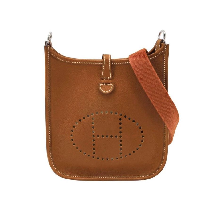Hermes Evelyne16鏤空單肩包Barenia Faubourg福寶馬鞍皮銀扣34黃褐色G刻-0