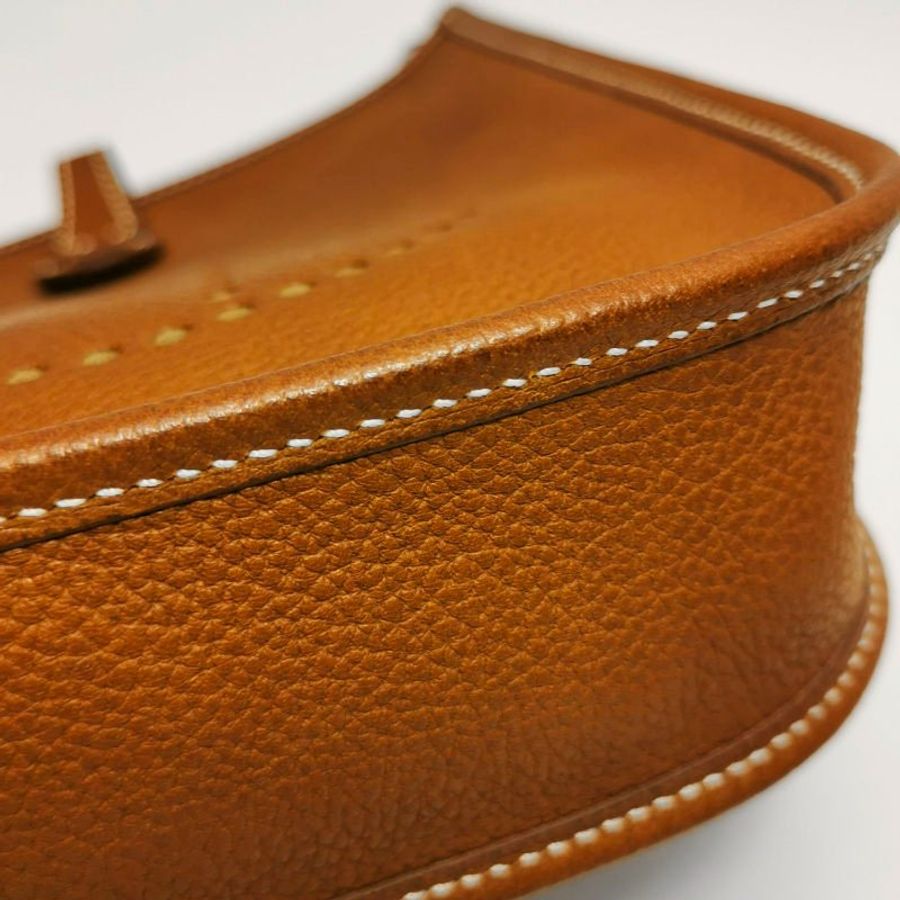 Hermes Evelyne16鏤空單肩包Barenia Faubourg福寶馬鞍皮銀扣34黃褐色G刻-21