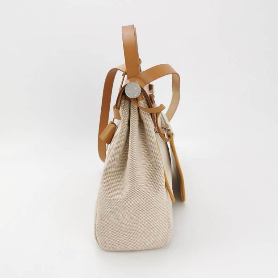 Hermes Herbag31狂躁的新娘馬鞍釘鎖釦子母包斜挎包單肩包Hunter牛皮帆布銀扣棕色淺米色-2