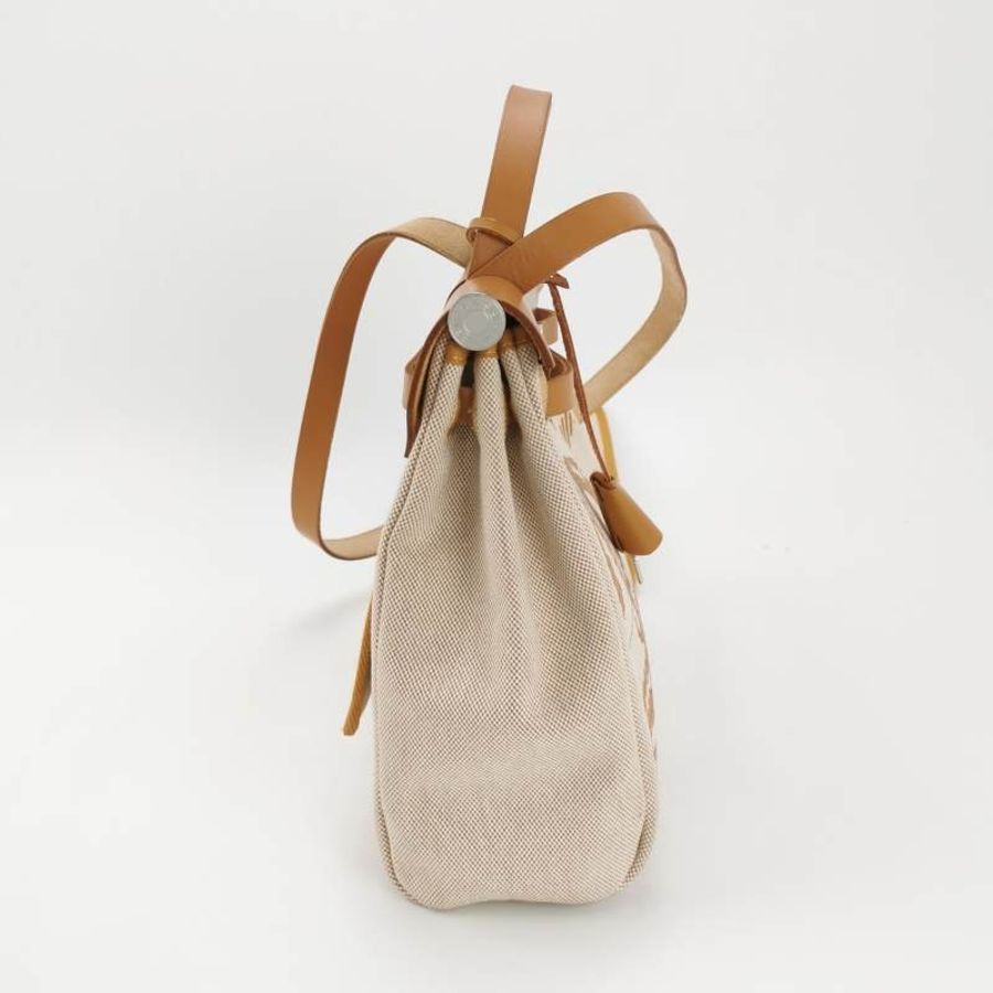 Hermes Herbag31狂躁的新娘馬鞍釘鎖釦子母包斜挎包單肩包Hunter牛皮帆布銀扣棕色淺米色-3