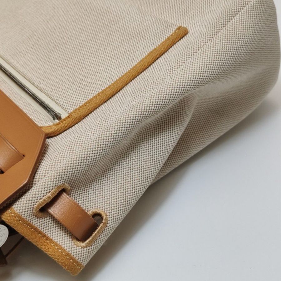Hermes Herbag31狂躁的新娘馬鞍釘鎖釦子母包斜挎包單肩包Hunter牛皮帆布銀扣棕色淺米色-20