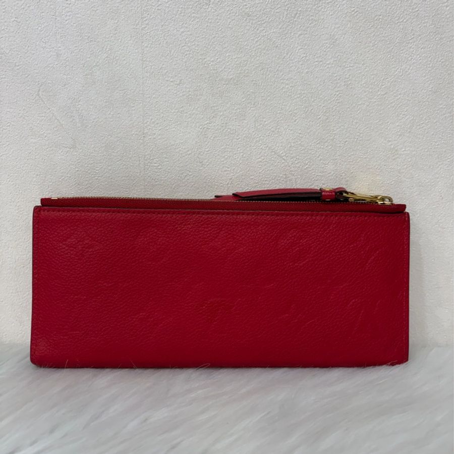 LV M62529 紅皮 牛皮 壓紋 金釦 對開 長夾-2