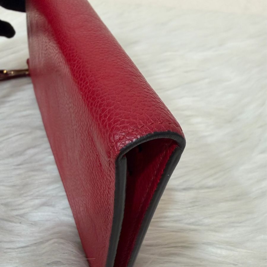 LV M62529 紅皮 牛皮 壓紋 金釦 對開 長夾-9