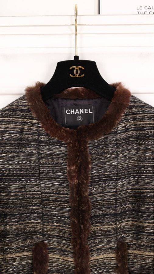 Chanel 03年棕色条纹毛毛滚边两口袋圆领上衣外套-13