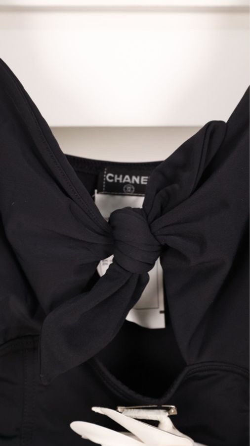 Chanel 96年黑白山茶花镂空吊带背心连衣泳衣山茶花可拆卸-35