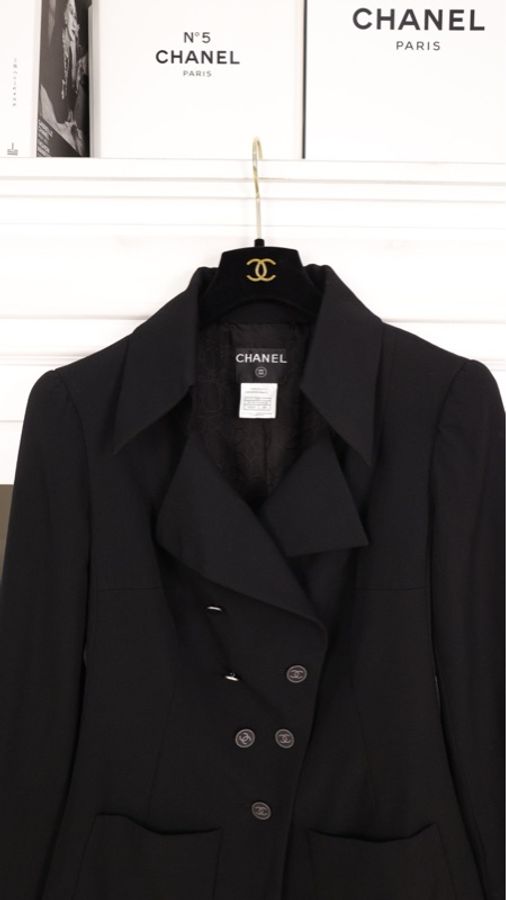 Chanel 01年黑色羊毛双排扣收腰两口袋西装上衣外套-20