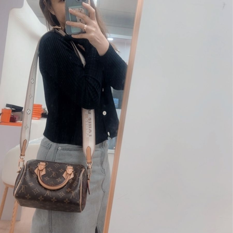 Lv speedy 20 老花波士頓 奶茶肩帶-15
