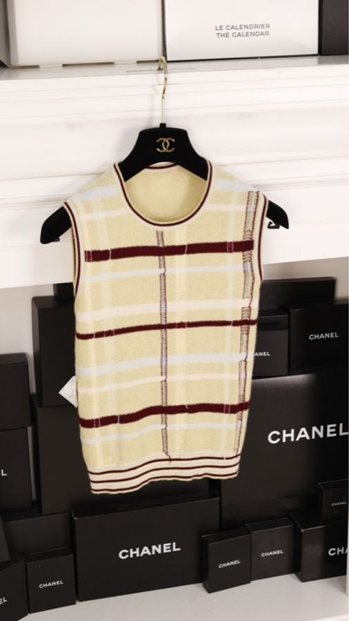 Chanel 04年秀款黄棕格纹山羊绒针织开衫马甲开衫套装-7