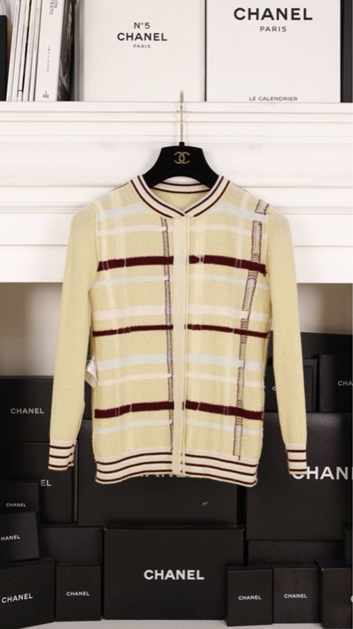 Chanel 04年秀款黄棕格纹山羊绒针织开衫马甲开衫套装-15