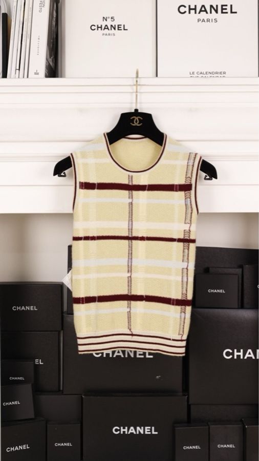 Chanel 04年秀款黄棕格纹山羊绒针织开衫马甲开衫套装-18