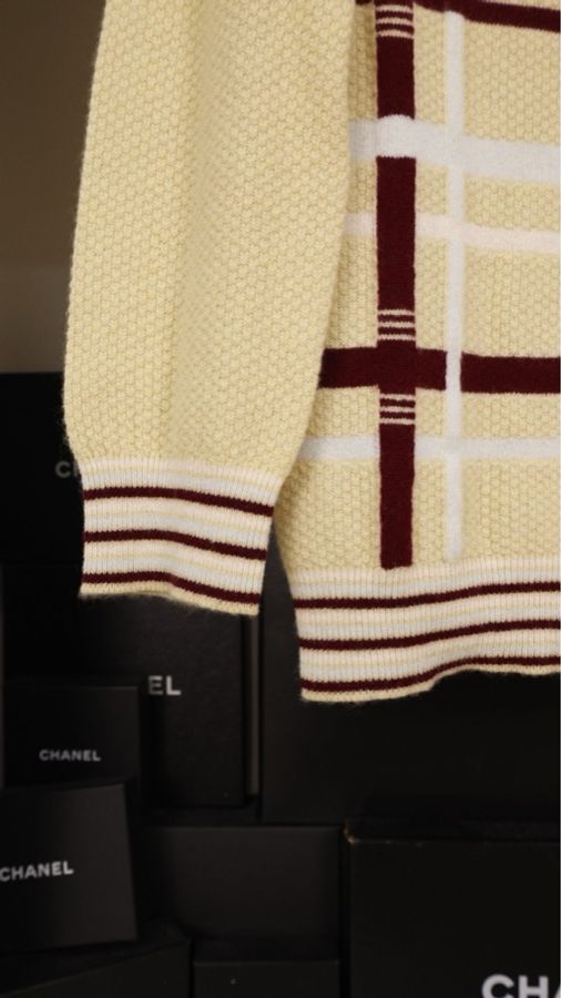 Chanel 04年秀款黄棕格纹山羊绒针织开衫马甲开衫套装-49