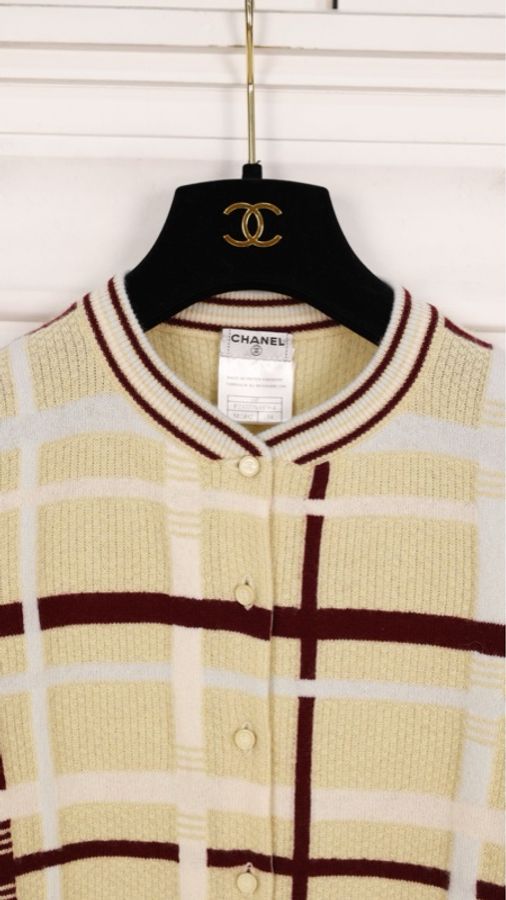 Chanel 04年秀款黄棕格纹山羊绒针织开衫马甲开衫套装-60