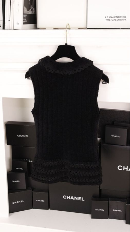 Chanel 02年黑色毛巾材质娃娃领马甲背心上衣-3