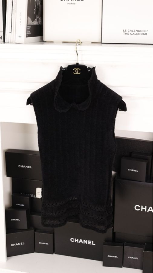 Chanel 02年黑色毛巾材质娃娃领马甲背心上衣-4
