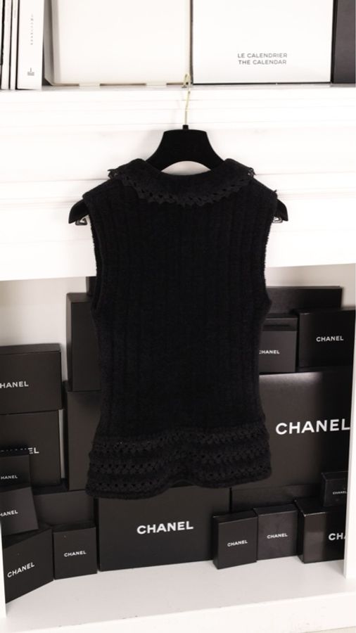 Chanel 02年黑色毛巾材质娃娃领马甲背心上衣-6