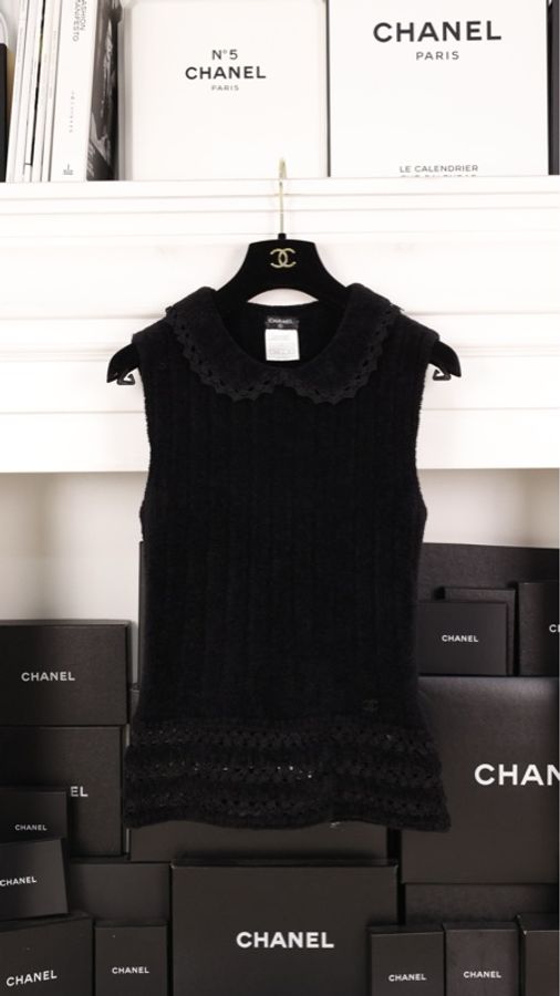 Chanel 02年黑色毛巾材质娃娃领马甲背心上衣-8