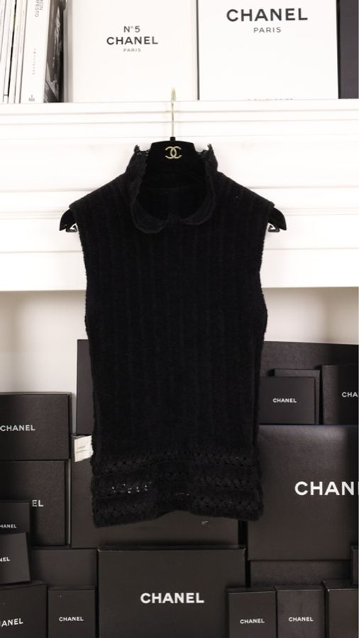 Chanel 02年黑色毛巾材质娃娃领马甲背心上衣-9