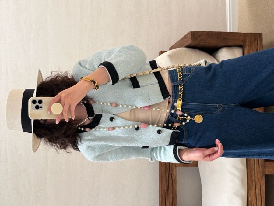 Chanel 90年海报款婴儿蓝羊毛黑色滚边两口袋crop短外套-53