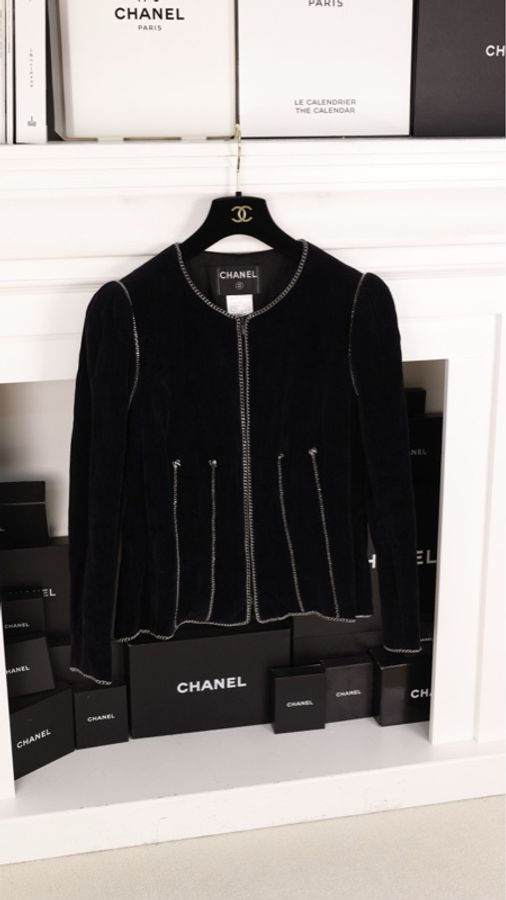 Chanel 06年秀款黑色丝绒银链滚边收腰上衣外套-6