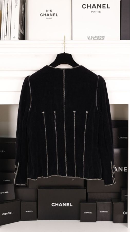 Chanel 06年秀款黑色丝绒银链滚边收腰上衣外套-8