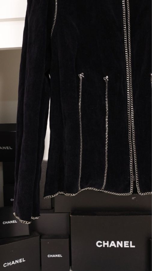 Chanel 06年秀款黑色丝绒银链滚边收腰上衣外套-29