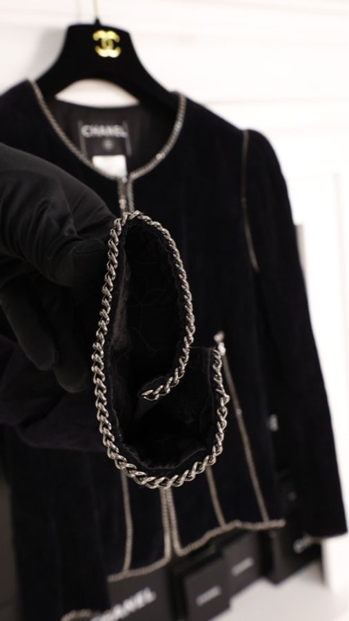 Chanel 06年秀款黑色丝绒银链滚边收腰上衣外套-54