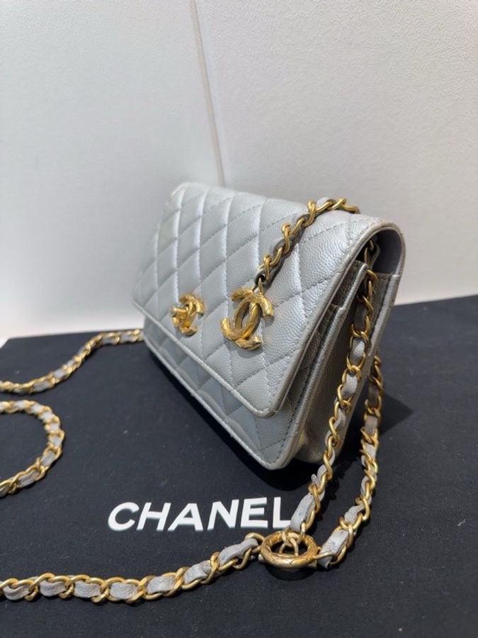 CHANEL香奈兒 銀色金扣 發財Woc 鏈條包 單肩斜挎包-3