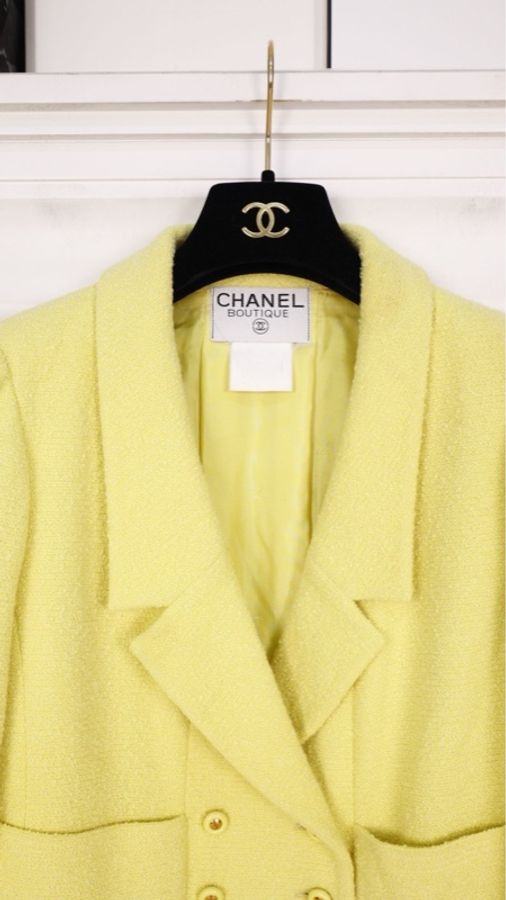 Chanel 96年小鸡黄两口袋羊毛翻领双排扣上衣外套-5