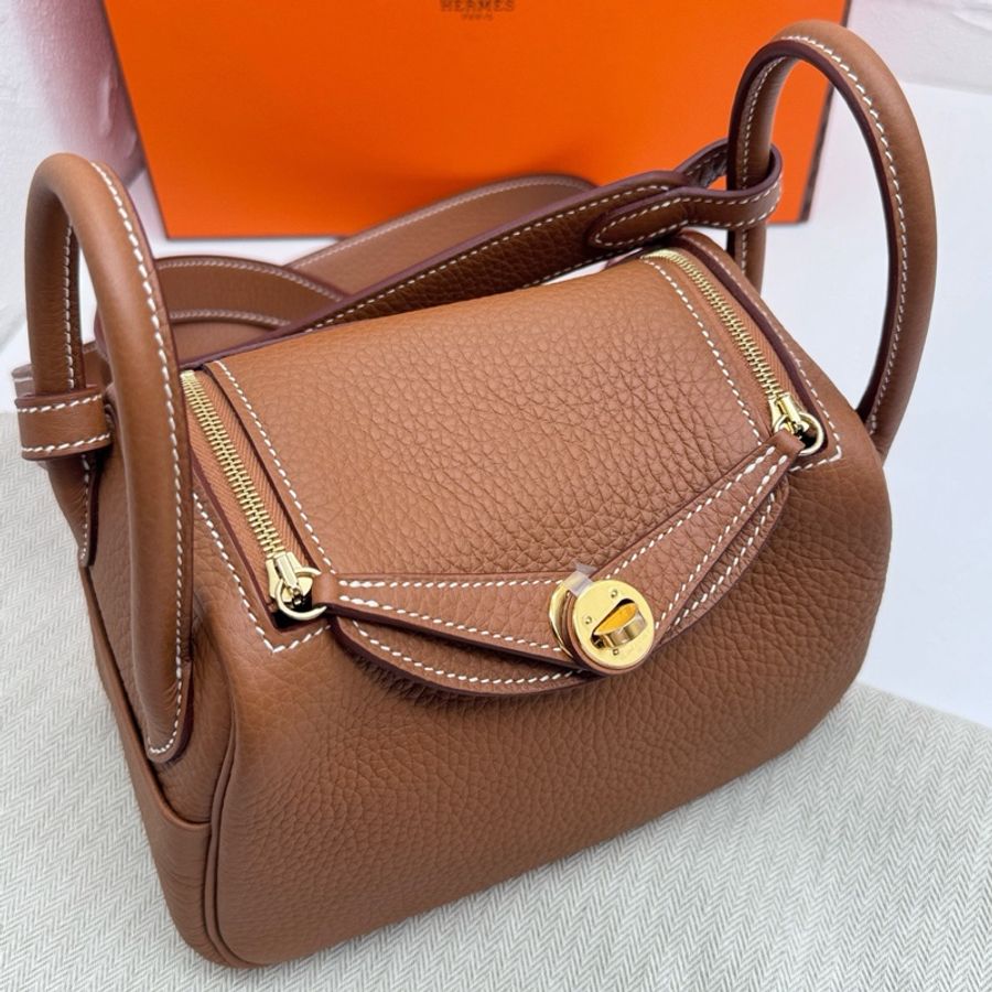Hermes愛馬仕mini Lindy19金棕金扣單肩斜挎手提包 W刻TC皮,尺寸19-7