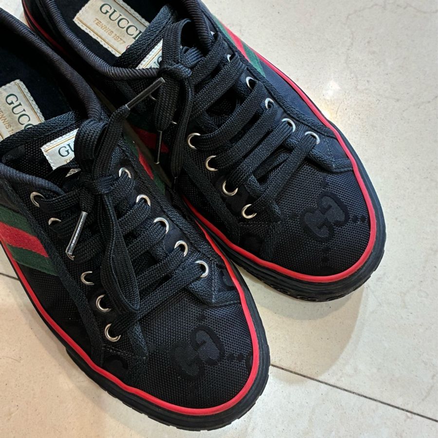 Gucci 黑色雙G側紅綠休閒鞋👟38-18