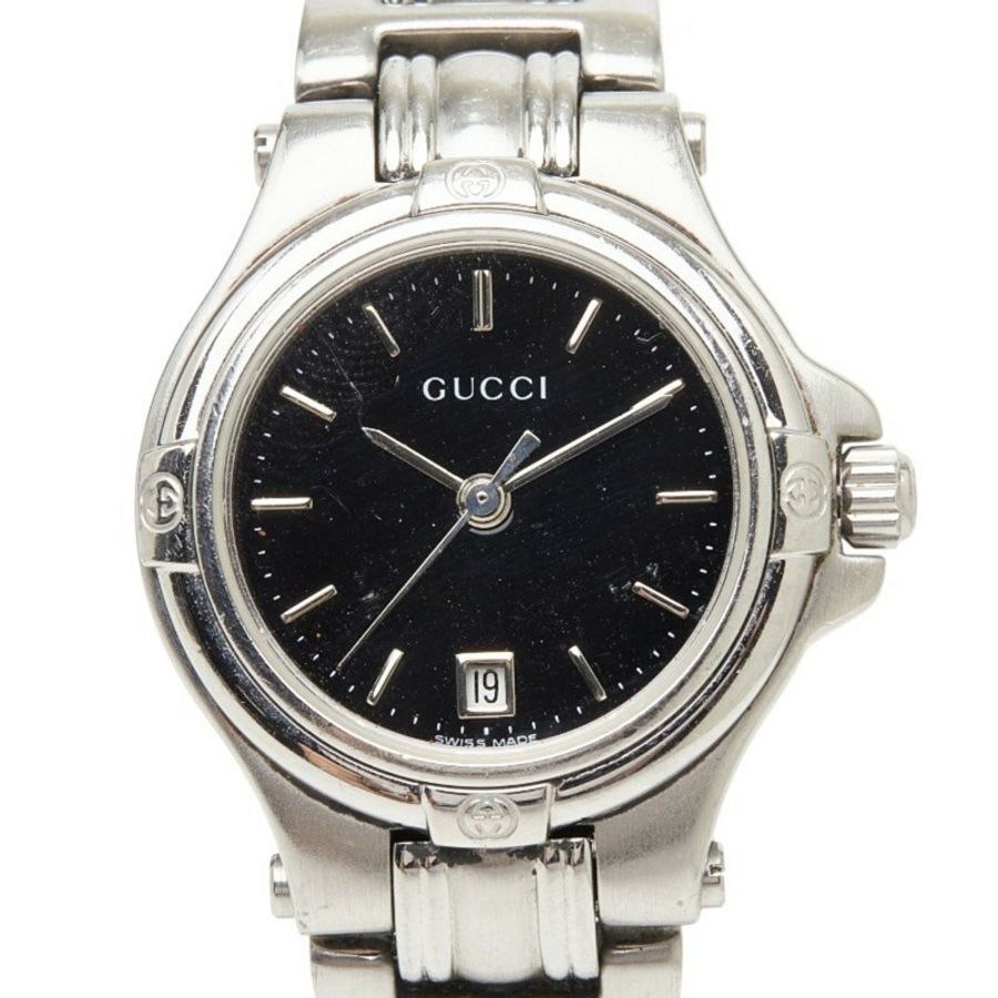Gucci 9040L 石英錶,黑色錶盤,不鏽鋼錶殼,女士款-0